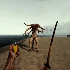 Mutant z lasu na plaży, z mieczem i zapalniczką w ręku.