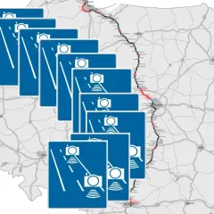 Mapa Polski z zaznaczonymi odcinkami dróg objętymi odcinkowym pomiarem prędkości. Znaki informują o fotoradarach i grożących mandatach.