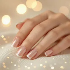 Dłoń z naturalnym manicure hybrydowym w stylu francuskim na tle rozmytych świateł.