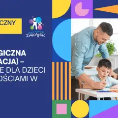 Nauczyciel pomaga dziecku w nauce przy biurku, na tle kolorowych kształtów geometrycznych.