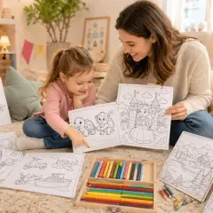 Niña y madre disfrutan de un libro de **osito para colorear** y otros dibujos. Crayones listos para dar vida a la imaginación.