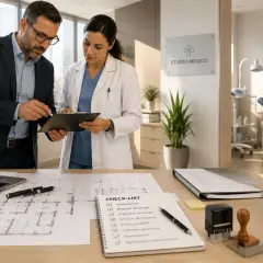 Uomo e donna esaminano documenti in uno studio medico in Sicilia, verificando i requisiti per l'avvio.