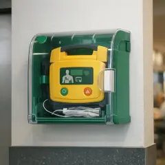 Żółty AED w zielonej obudowie, gotowy do użycia w razie nagłego wypadku. To urządzenie ratujące życie, aed co to? To automatyczny defibrylator zewnętrzny.