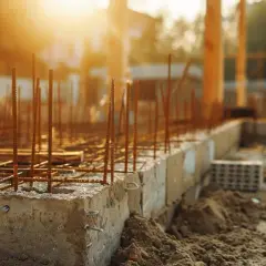 Fundamenty budowy zbrojone prętami, w tle zachodzące słońce. Zastanawiasz się, ile kosztuje kubik betonu na fundamenty?