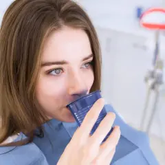 Ragazza in poltrona dentistica beve da un bicchierino blu, forse dopo un trattamento con clorexidina cos'è.