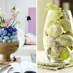 Vasetti pasquali fai da te con uova colorate e fiori, e un altro con pietre scritte "Frohe Ostern".