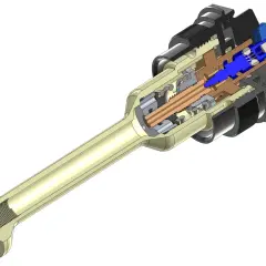 Cutaway view of a mechanical component, possibly a valve or actuator, with internal gears and blue piston. This push hc97 mechanism shows intricate engineering.