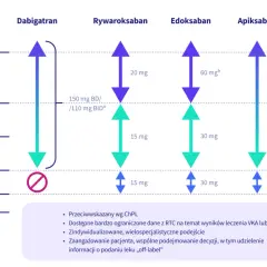 Wykres pokazuje dawkowanie leków przeciwzakrzepowych (dabigatran, rywaroksaban, edoksaban, apiksaban) w zależności od klirensu kreatyniny (CrCl). Pradaxa (dabigatran) ma specyficzne dawkowanie przy CrCl poniżej 30 ml/min.