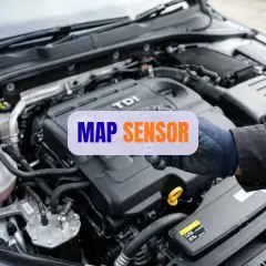 Ręka w rękawicy wskazuje na silnik TDI, gdzie znajduje się MAP SENSOR. Poznaj objawy uszkodzenia czujnika ciśnienia w kolektorze dolotowym.