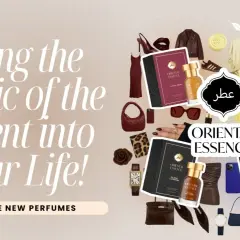 Kolekcja perfum Oriental Essence, inspirowana magią Orientu. Eleganckie flakony, ubrania i akcesoria tworzą luksusową kompozycję.