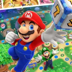Mario, Luigi i Peach grają w Super Mario Party, rzucając kostką na kolorowej planszy.