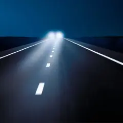 Nocna droga z jasnymi światłami mijania, które oświetlają białe linie.
