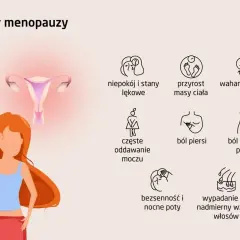Ilustracja przedstawia objawy menopauzy: niepokój, przyrost masy ciała, wahania nastroju, częste oddawanie moczu, ból piersi, ból i suchość pochwy, bezsenność, nocne poty, wypadanie lub nadmierny wzrost włosów.