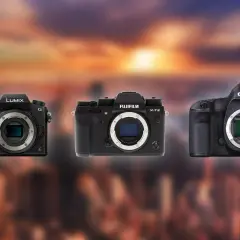 Trzy aparaty: Lumix, Fujifilm X-T2 i Canon EOS 5D Mark III. Lumix ma matrycę 4/3.