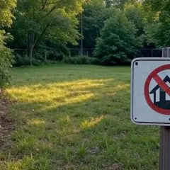 Znak zakazu budowy domów jednorodzinnych na tle zielonego, słonecznego placu.