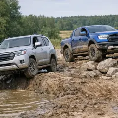 Srebrny SUV i niebieski pickup, dwa potężne samochody terenowe, pokonują błotniste przeszkody i kamienisty teren.
