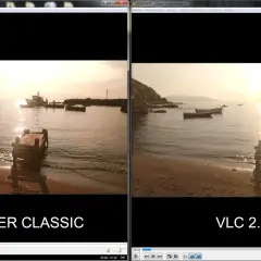 Side-by-side comparison of a sunset beach scene playing on Media Player Classic and VLC 2.0.8.