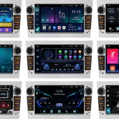 Ekran multimedialny do Opla Astry H z funkcją Bluetooth, pokazujący różne interfejsy: nawigację, muzykę, radio i aplikacje.