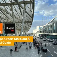 Nowoczesne lotniska w Egipcie, z logotypami Orange i Etisalat. Przewodnik po kartach SIM i eSIM na lotniskach w Egipcie.