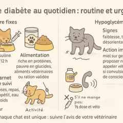 Gestion du diabète félin : routine, alimentation, activité et signes d'hypoglycémie, comme la faiblesse, pour reconnaître les symptômes diabète chat.