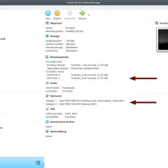 VirtualBox Manager zeigt die Konfiguration von TrueNAS, einer Alternative zu FreeNAS, mit Details zu Speicher und Netzwerk.