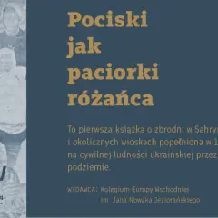 Pociski jak paciorki różańca" – książka o zbrodni w Sahryniu. Na tle starych zdjęć ludzi, tytuł i opis wydawcy.
