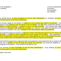 Modèle de lettre de motivation en anglais, avec des champs à remplir pour postuler à un emploi.