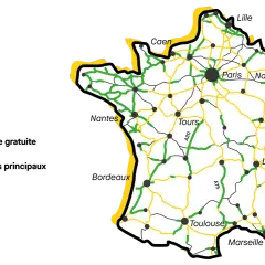 Carte de France montrant les autoroutes payantes (jaune) et l'autoroute sans péage (vert).