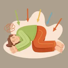 Person liegt am Boden, von Pfeilen umgeben, die auf sie zeigen. Spiralen über dem Kopf deuten auf nitrosativen Stress und Überforderung hin.