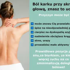 Kobieta masuje bolący kark. Przyczyną może być przewianie, zła poduszka, dyskopatia, stres lub siedzący tryb życia.