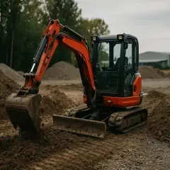 Pomarańczowa mini koparka na placu budowy. Posiadanie uprawnień do jej obsługi to klucz do sukcesu w pracach ziemnych.