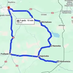 Trasa samochodowa przez puszczę białowieską i okolice. Szlaki wiodą przez Bielsk Podlaski, Hajnówkę, Białowieżę, Narewkę, Michałowo.