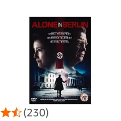 Plakat filmu "Alone in Berlin" z Emmą Thompson i Brendanem Gleesonem. W tle budynek z flagami ze swastykami.