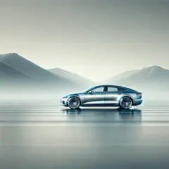 Silverfärgad elbil i futuristisk miljö med berg i bakgrunden. Tänk dig ett bra pris begagnad bil för denna dröm.