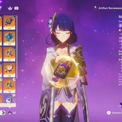 Raiden Shogun w grze Genshin Impact, wyposażona w artefakty "Storm Cage" z zestawu "Emblem of Severed Fate", zwiększające jej obrażenia od ataku specjalnego.