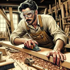 Falegname con occhiali protettivi usa una pialla per sverniciare mobile legno. Trucioli di legno ovunque, attrezzi appesi alle pareti.