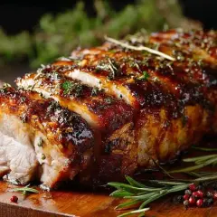 Un délicieux roti de porc au four, laqué et parsemé d'herbes, prêt à être dégusté.