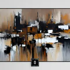 Abstract expressionist painting with bold strokes of black, white, and earthy tones, evoking the spirit of American abstract expressionist artists.