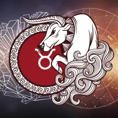 Symbol byka znaku zodiaku, otoczony kryształami i kołem zodiaku.