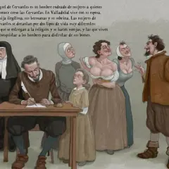 Un hombre escribe, rodeado de mujeres. Una monja, una niña, dos mujeres con escote y un hombre conversan. Catalina de Salazar, quizás, observa.