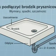Ilustracja pokazuje podłączenie brodzika do odpływu. Widoczny jest brodzik, uszczelnienie, odpływ oraz spadek rury 2-3 cm/m.