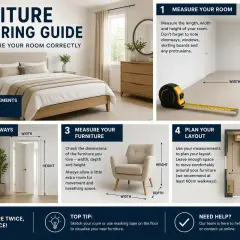 Furniture measuring guide showing how to measure rooms, doorways, and furniture to ensure perfect fit. Includes tips on planning layout and standard furniture dimensions.
