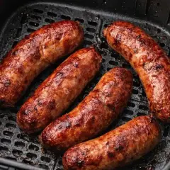Salsiccia dorata e succulenta nella friggitrice ad aria, pronta per essere gustata.