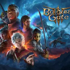 Postacie z gry **Baldur's Gate** w otoczeniu smoków i mrocznych chmur.