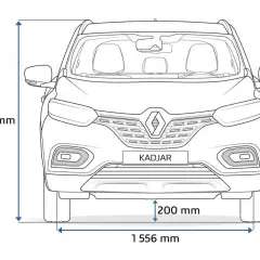 Renault Kadjar wymiary: wysokość 1613 mm, szerokość 1556 mm, prześwit 200 mm.
