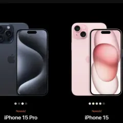 Dwa nowe modele iPhone 15: Pro w kolorze grafitowym z potrójnym aparatem i zwykły iPhone 15 w kolorze różowym.