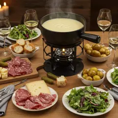 Un festin de fondue avec pain, charcuterie, pommes de terre et salade verte. Un accompagnement parfait pour une soirée conviviale.