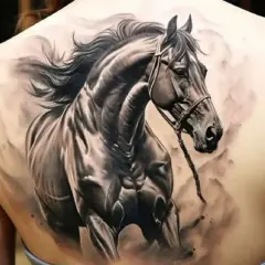 Realistyczny tatuaż konia na plecach. Symbolizuje wolność, siłę i pasję. To znaczenie tatuażu konia jest uniwersalne.