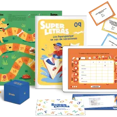 Juego de mesa "Animaladas" con un tablero de recorrido, un dado de pronombres y tarjetas con ejercicios de lengua. Una tablet muestra un juego interactivo de completar palabras.