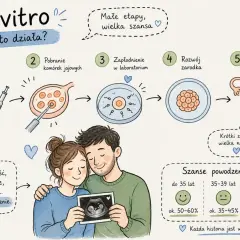Ilustracja przedstawia etapy in vitro: stymulację jajników, pobranie komórek, zapłodnienie, rozwój zarodka i transfer. Para trzyma zdjęcie USG, symbolizując nadzieję.